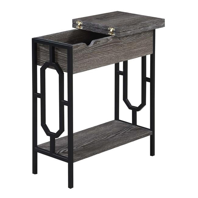 24 in. Omega Flip Top End Table with Charging Station, Weathered Gray Wood & Black