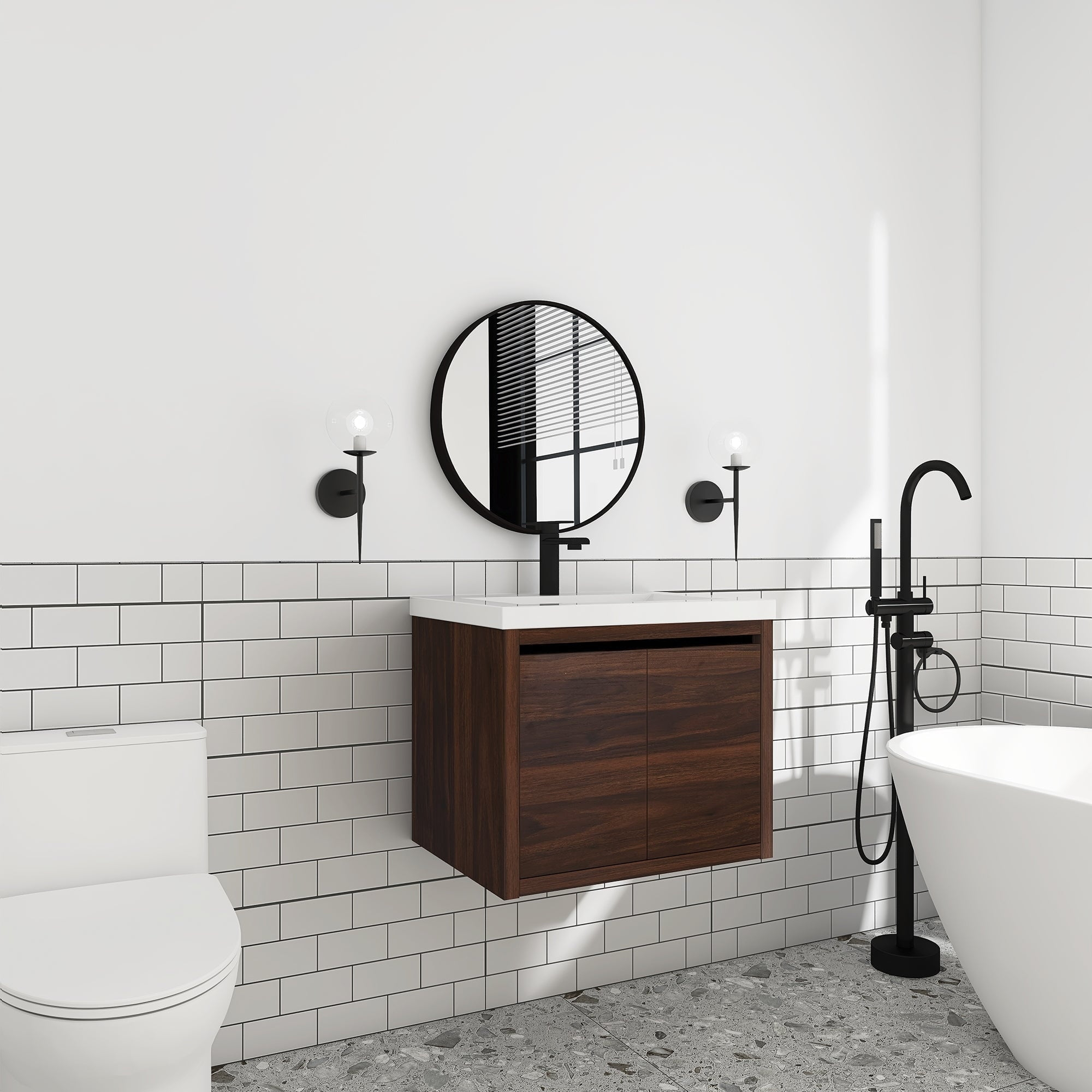 24 inch Bathroom Vanity with White Resin Top and Basin California  Walnut