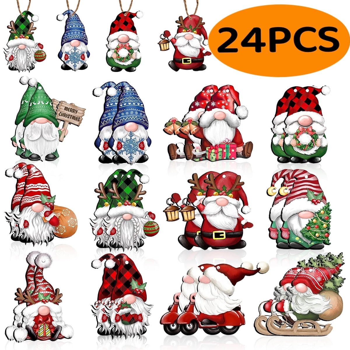 24pcs Gnome Christmas Ornaments Set - Festive Decorations with Wooden Gnomes for Tree Adornments & Ultimate Holiday Celebration Accessories