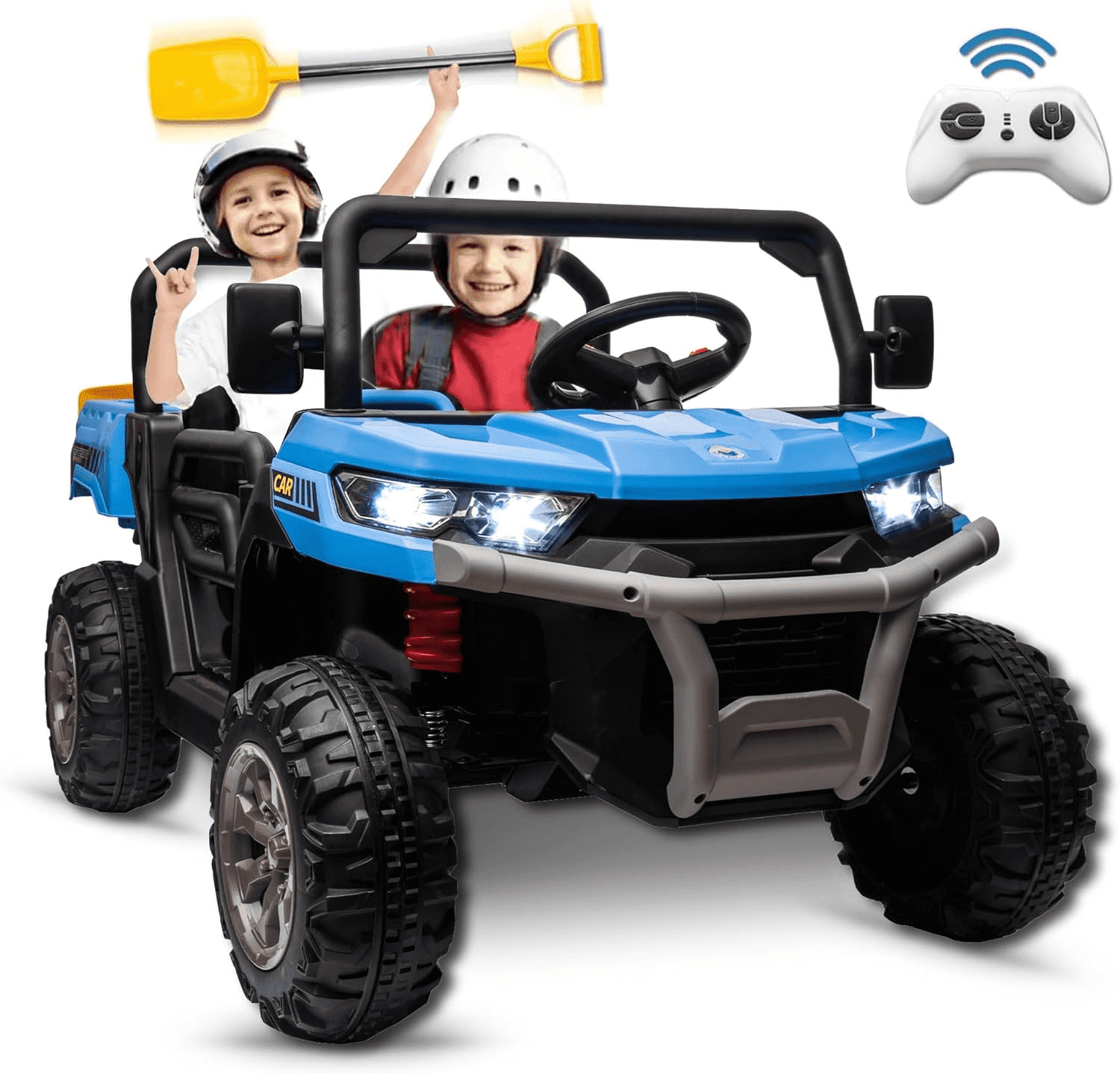 Xuanlur 24V 2 Seater Kids Ride on Car Truck, Ride on UTV W/ 2x200W Motor, 24 Volt Ride on Toys W/ Dump Bed/Shovel, Electric Car for Kids W/ Durable Tires, LED Light, Music, Remote Control, Blue