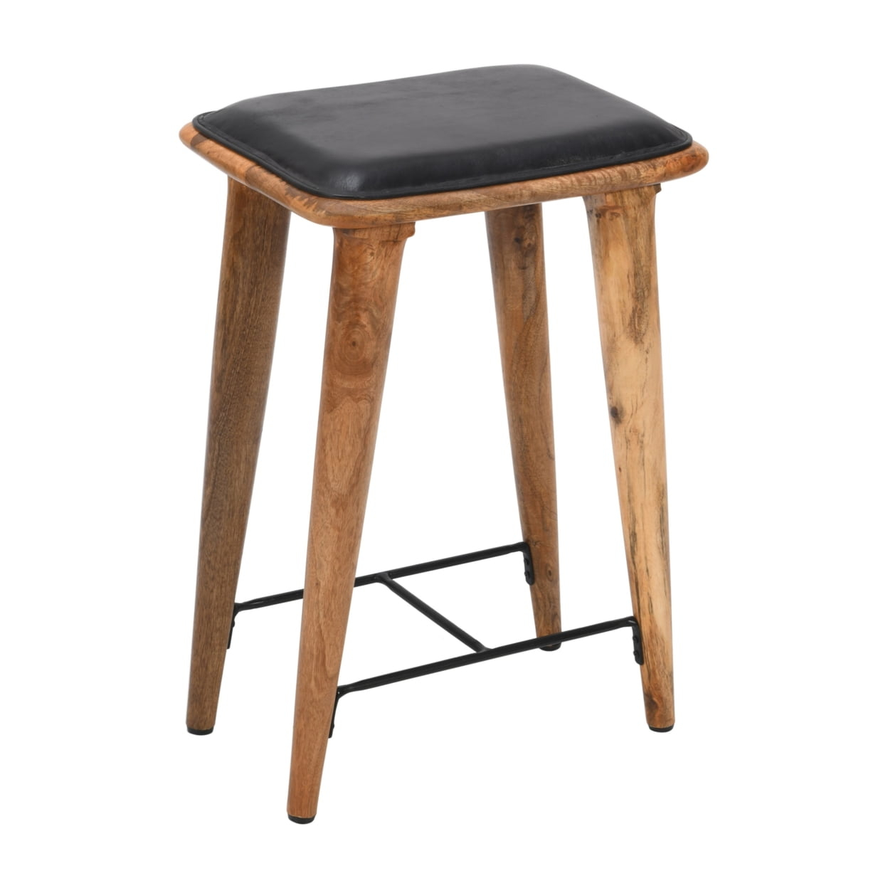25 Inch Counter Height Bar Stool, Genuine Leather Seat, Mango Wood Frame, Black, Brown- Saltoro Sherpi