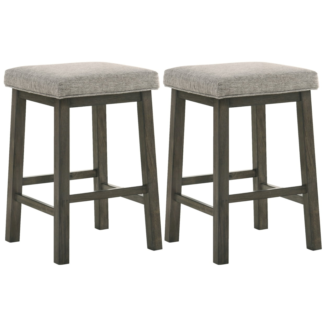 25 Inch Wooden Bar Stool with Fabric Seat, Set of 2, Gray