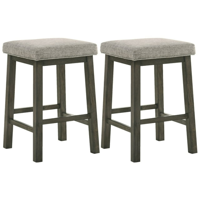 25 Inch Wooden Bar Stool with Fabric Seat, Set of 2, Gray
