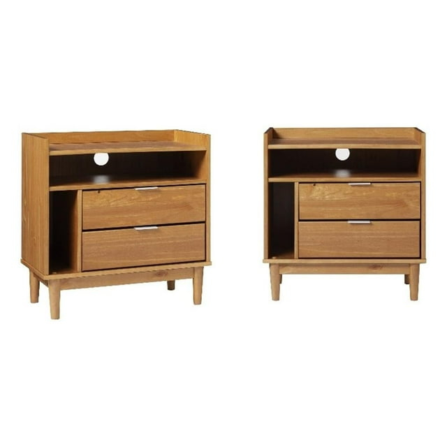 25" Solid Wood 2-Drawer Night Stand with Gallery - 2PK - Caramel