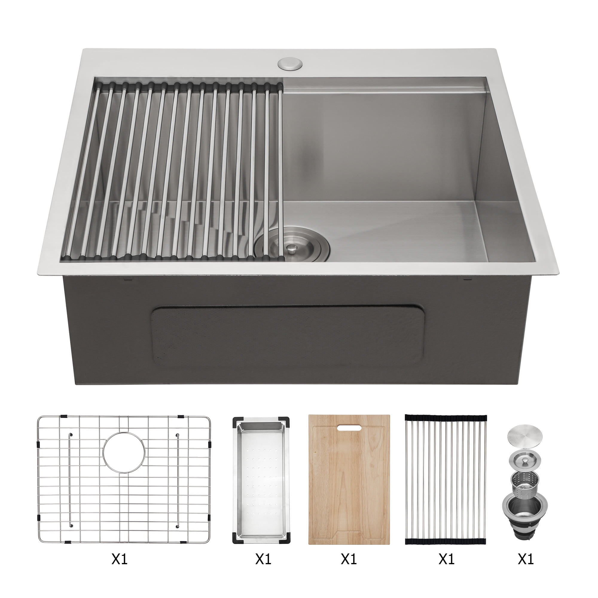 25"x22" Stainless Steel 18 Gauge Single Bowl Drop-In Workstation Kitchen Sink with All Accessories, 1-Pre-Drilled Faucet Hole