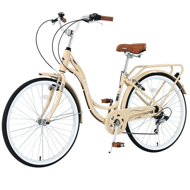 26" Womens Bike 7 Speeds Steel Frame Beach Cruiser Bike Comfort Ladies City Bike, Beige