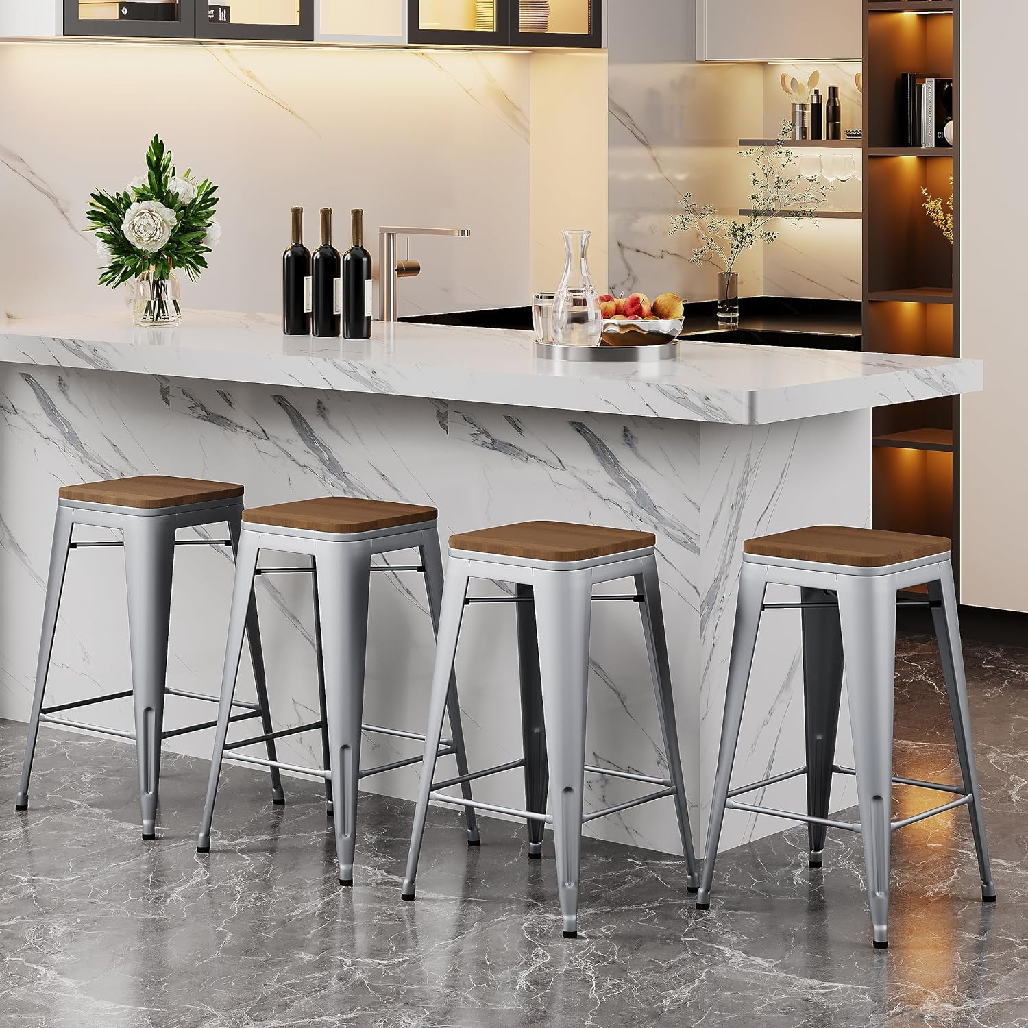 Drevy 26" Metal Counter Height Bar Stools Set of 4 Industrial Backless Kitchen Patio Counter Stool Stackable Barstools Wood Top-Silver
