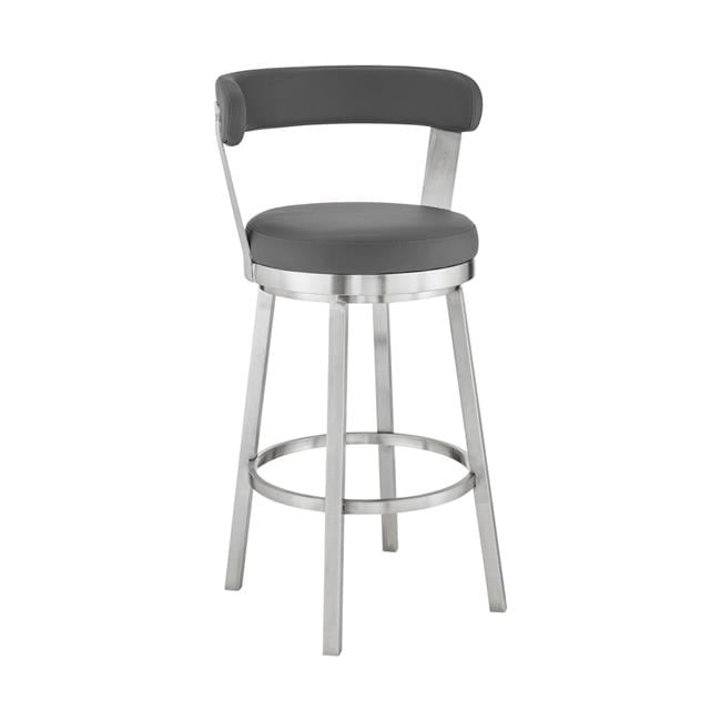 26 in. Bryant Counter Height Swivel Bar Stool in Brushed Stainless Steel Finish & Gray Faux Leather