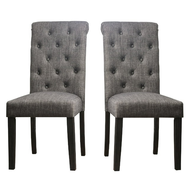 27 Inch Fabric Dining Chair, Button Tufted Rolled Back, Wood, Gray - Saltoro Sherpi