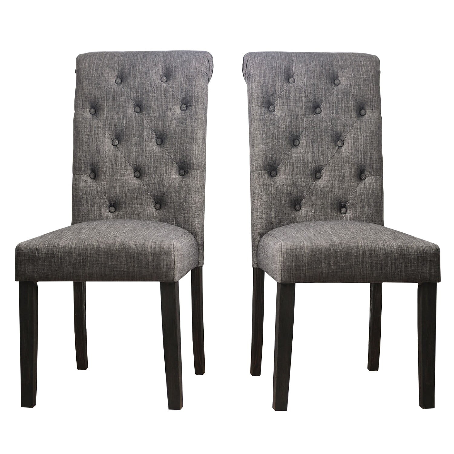 27 Inch Fabric Dining Chair, Button Tufted Rolled Back, Wood, Gray - Saltoro Sherpi
