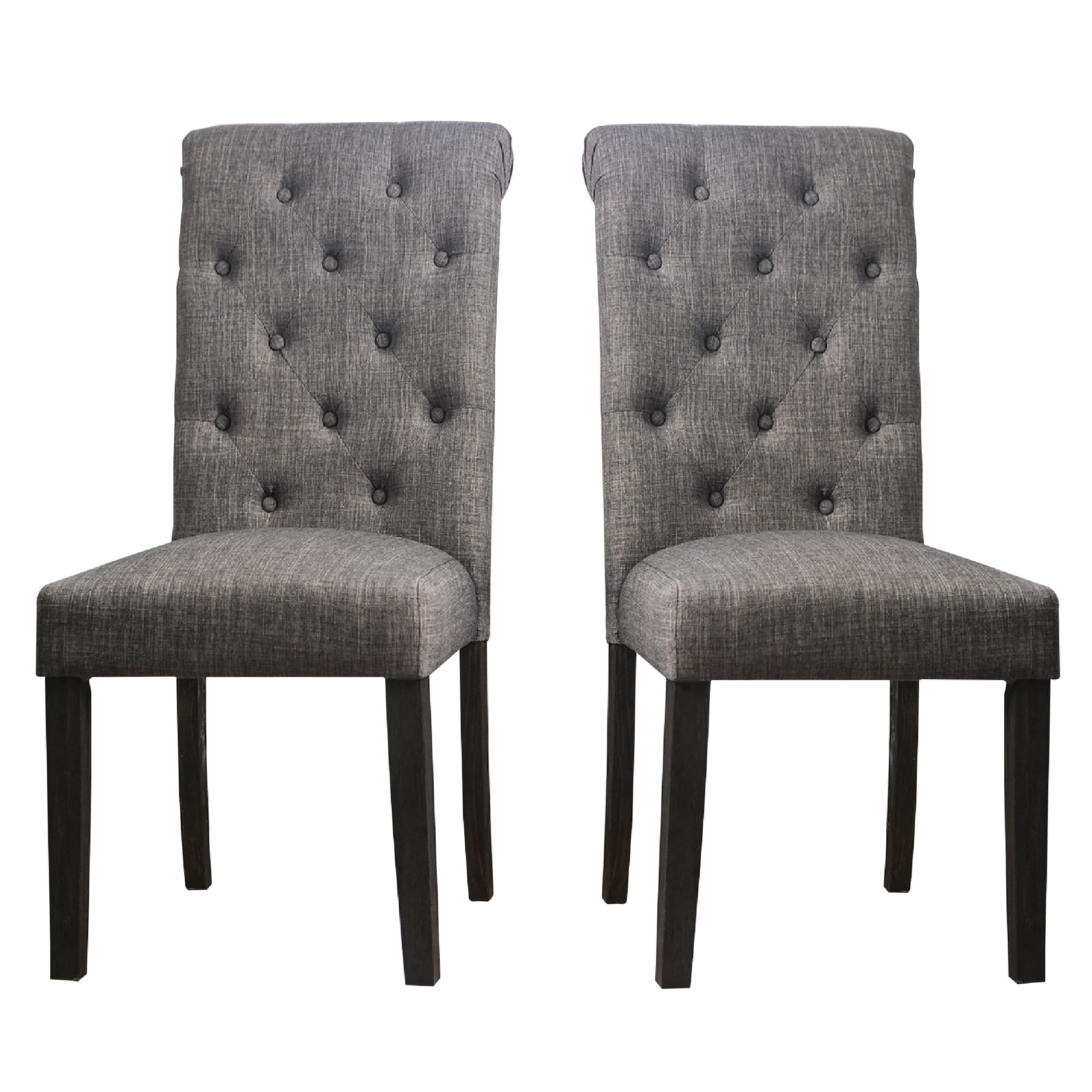 27 Inch Fabric Dining Chair, Button Tufted Rolled Back, Wood, Gray - Saltoro Sherpi