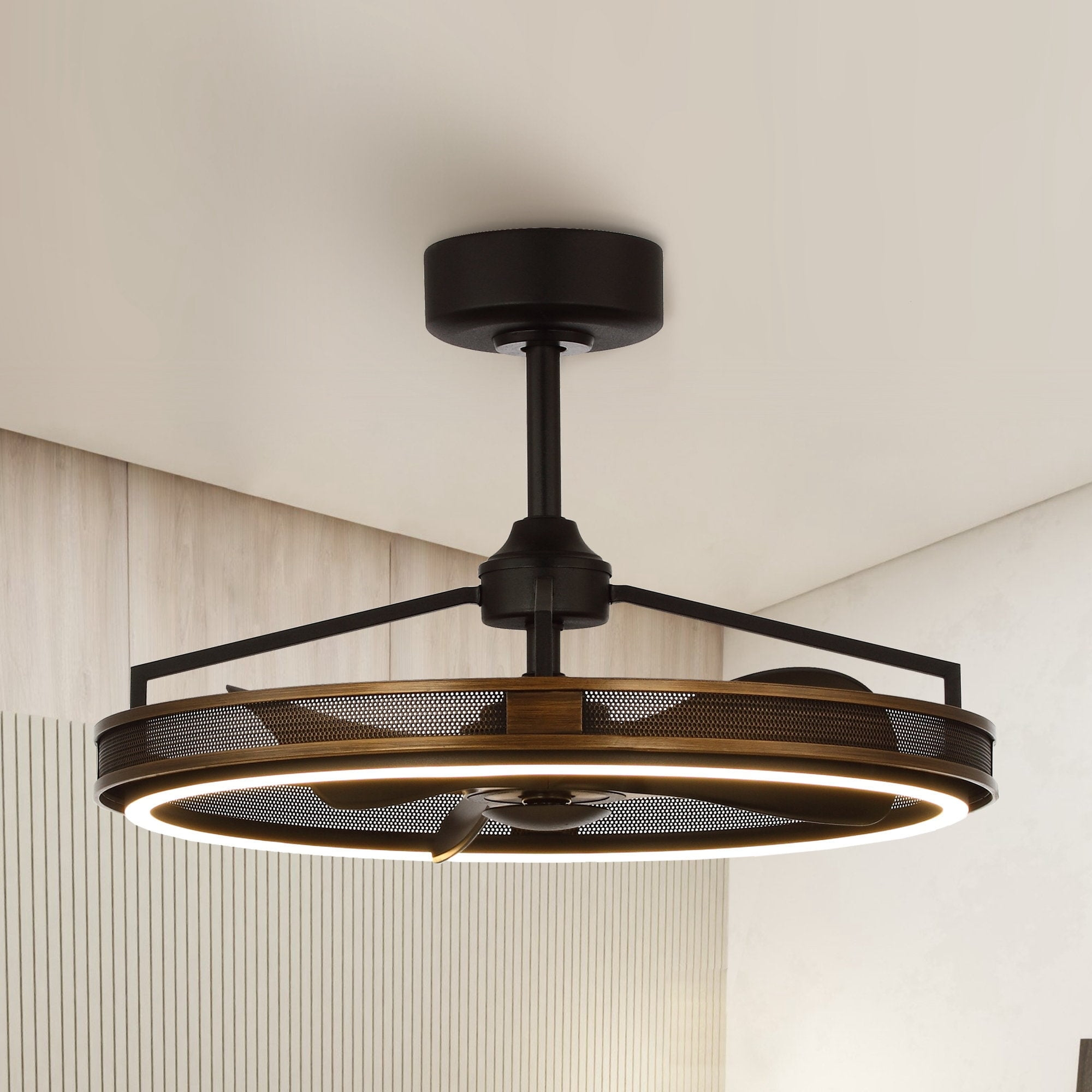 27-inch Industrial Bronze Mesh Caged Bladeless Ceiling Fan with LED Light and Remote