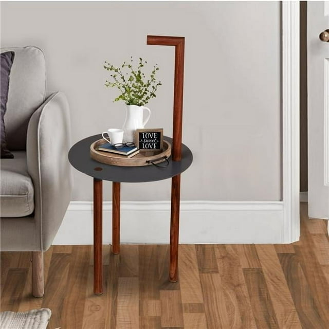 28.8 x 14 x 14 in. Round Metal Top End Table with Inbuilt Wooden Pole, Brown & Black