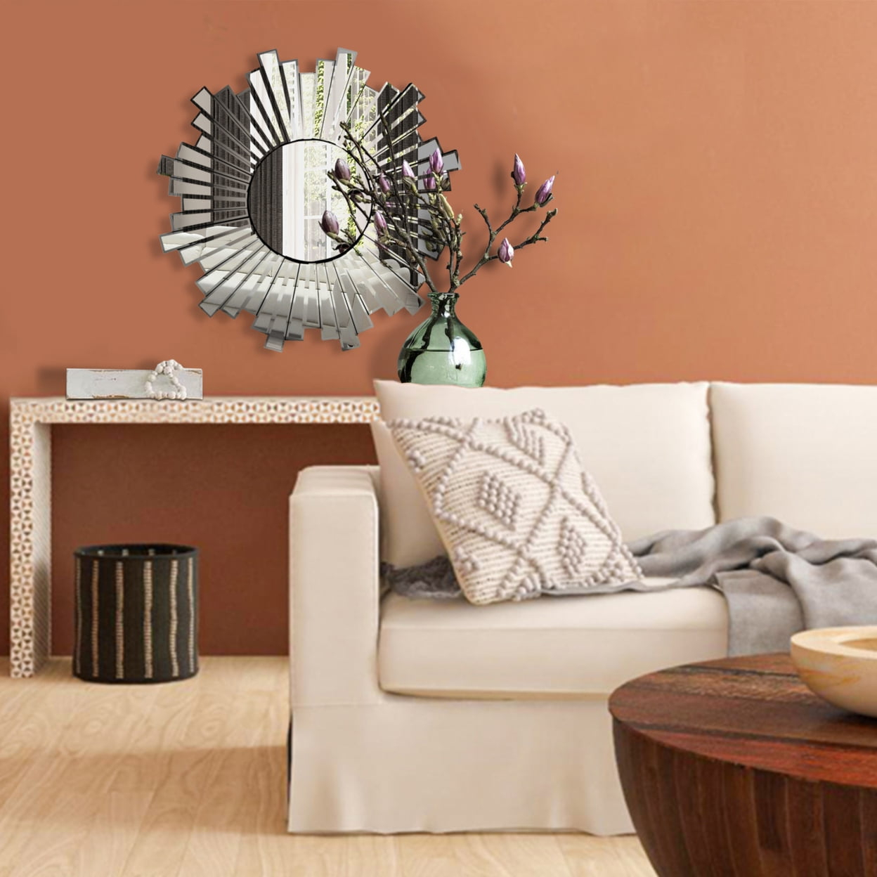 28 Inch Round Floating Wall Mirror with Sunburst Design Frame, Silver - Saltoro Sherpi
