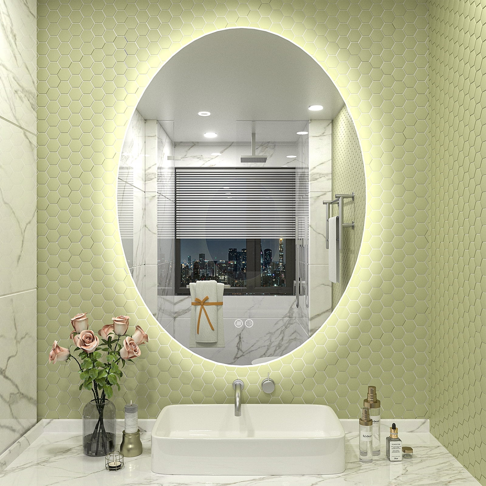 Apmir 28x20 Oval LED Wall Mirror with Backlit, Frameless Anti Fog LED Bathroom Vanity Mirror，Dimmable 3 Colors, Memory Function