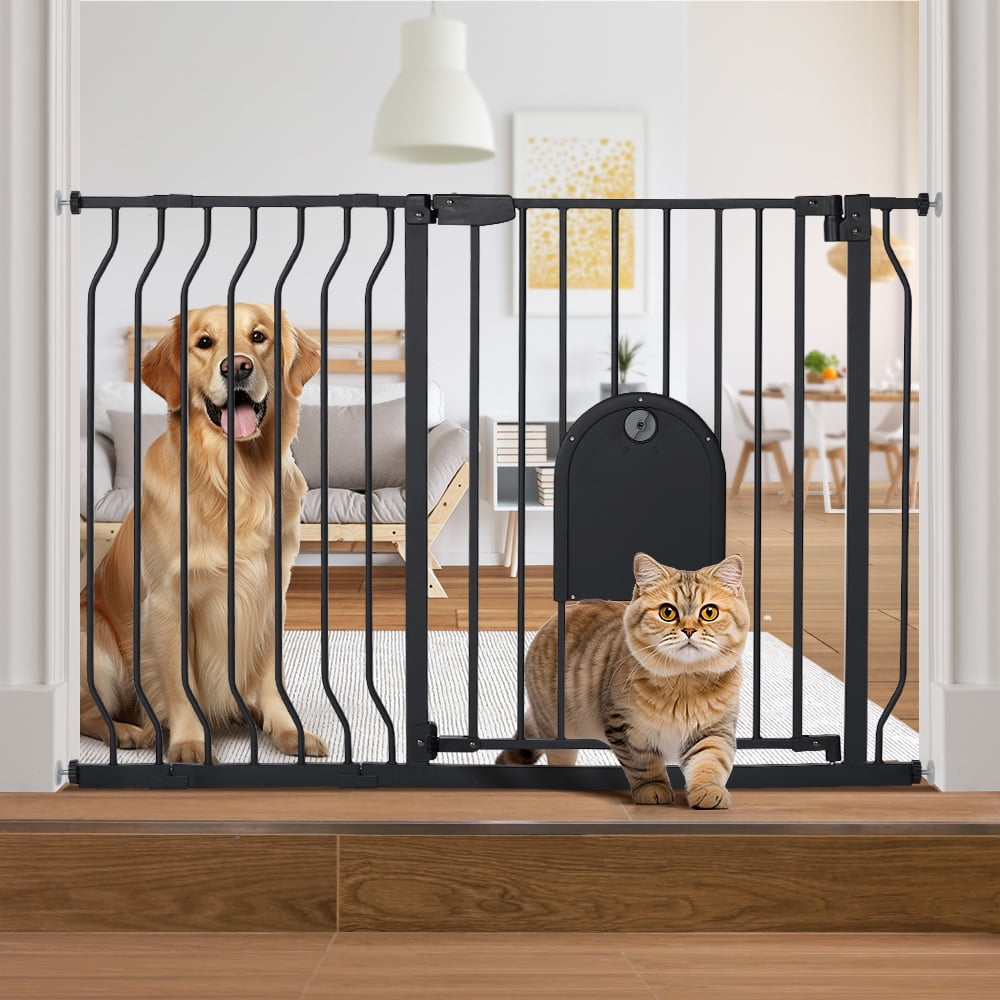 Caveen 29.5-48.4" Wide Pet Safety Gate with Cat Door Pressure Mount, Black