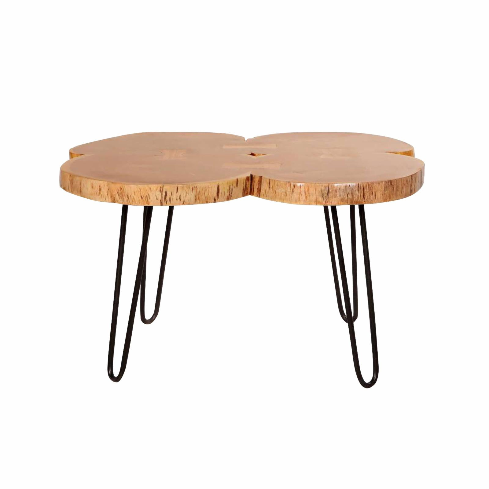 29 Inch Acacia Wood Coffee Table, Live Edge, Quatrefoil Top, Iron Hairpin Legs, Brown and Black- Saltoro Sherpi