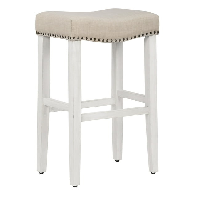 29" Upholstered Nail Head Counter Stool, Antique White/Beige