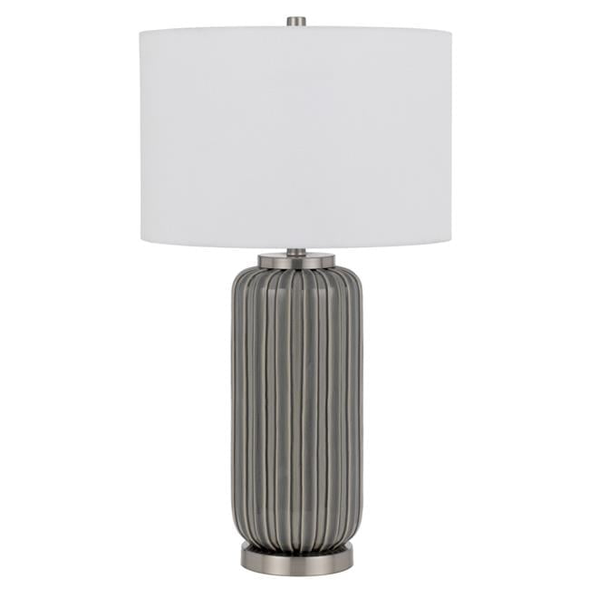 Benjara 29 Inch Ceramic Curved Table Lamp with Stripes, Dimmer, Grey