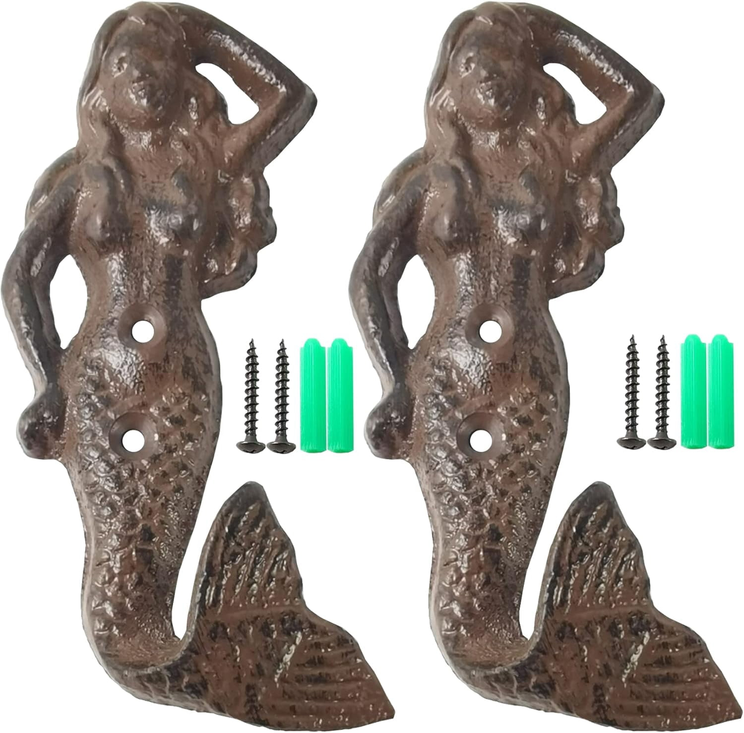 2PCS Rustic Cast Iron Mermaid Hook Wall Hanger Decor Beach Nautical Towel Holder
