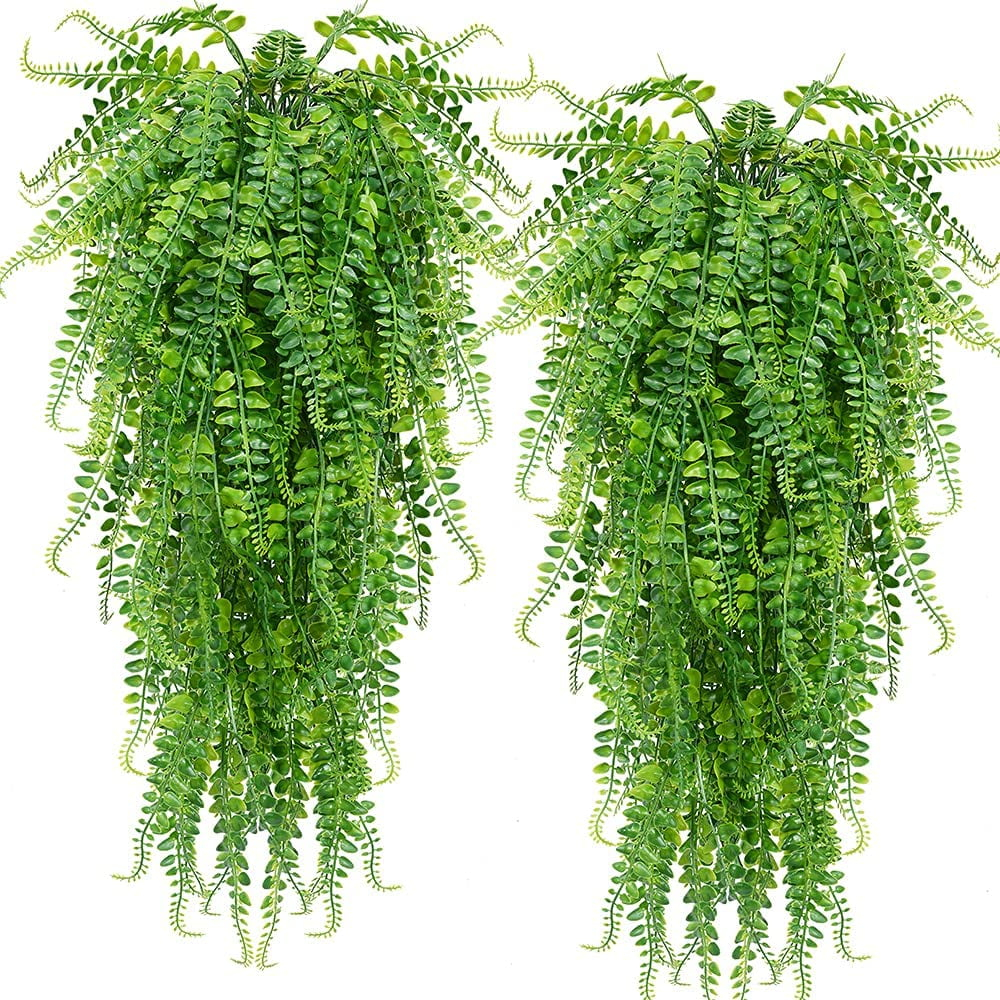 Artificial 2pack Fake Hanging Ferns Plant Faux Ivy Boston Outdoor UV Resistant Plastic (Green)