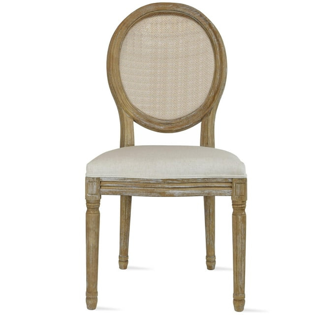 2xhome - French Chic Vintage Style Dining Side Chair With Upholstered Linen Welted Fabric And Elegant Natural Rustic Wood Frame - Rattan Wicker Oval Back, Set of 1, 1 piece