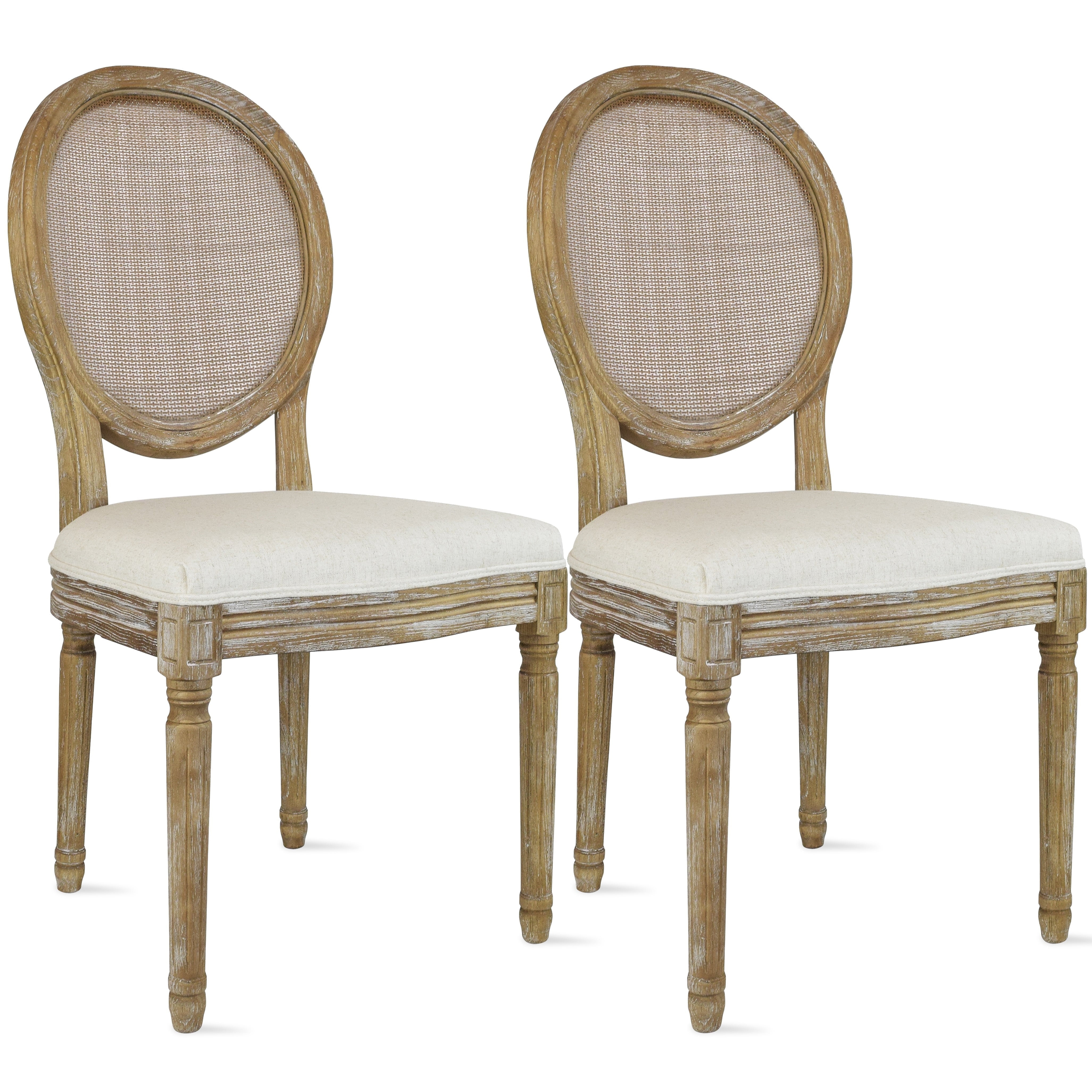 2xhome - French Chic Vintage Style Dining Side Chair With Upholstered Linen Welted Fabric And Elegant Natural Rustic Wood Frame - Rattan Wicker Oval Back, Set of 1, 1 piece