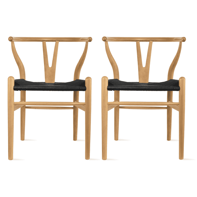 2xhome Set of 2 Wishbone Solid Wood Armchairs with Arms Open Y Back Farmhouse Dining Office Chairs with Woven Black Seat, Natural