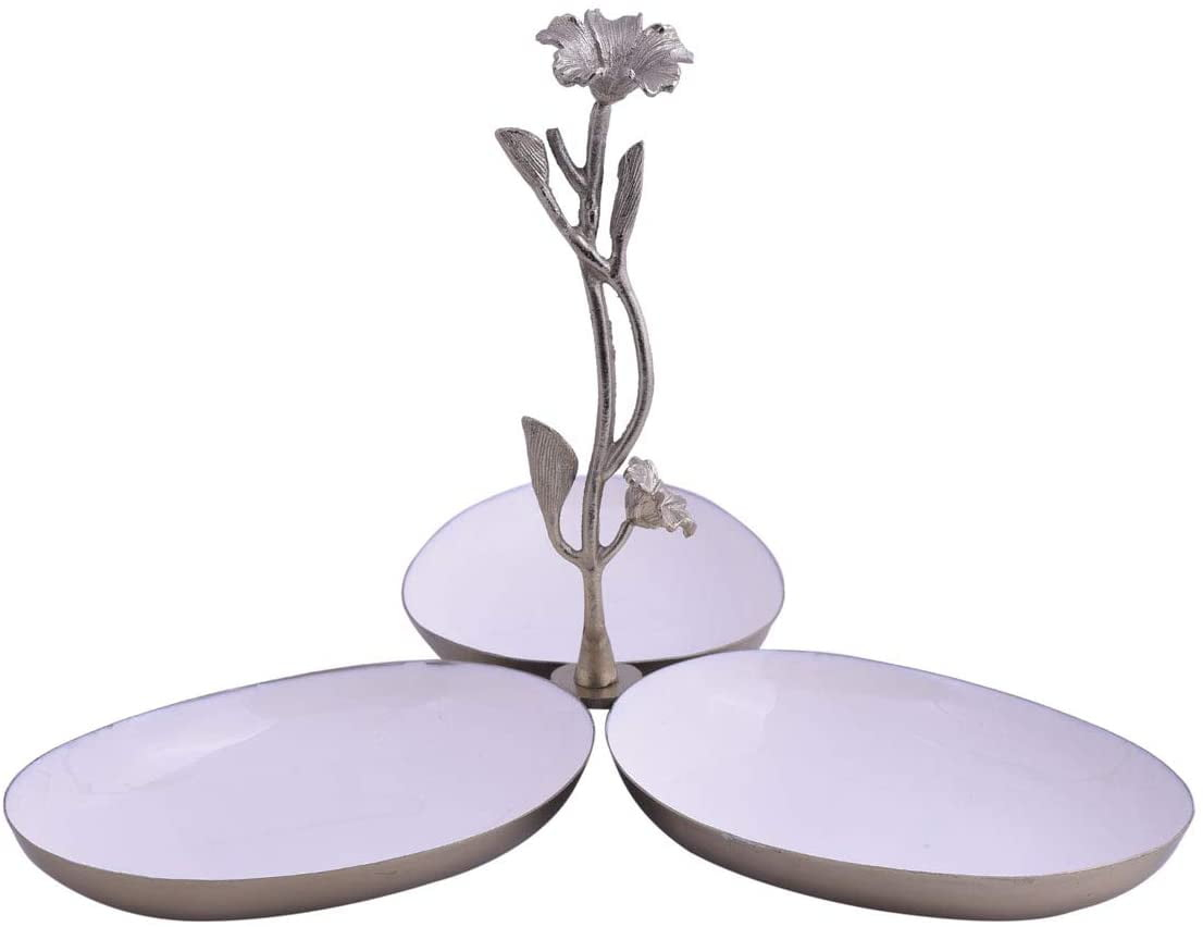 3 Bowl Condiment Server-White Condiment Server - Decorated Display Bowls-for Dining Table and Kitchen-with Rosemary Shaped Handle - 12 x 12 x 8 Inches