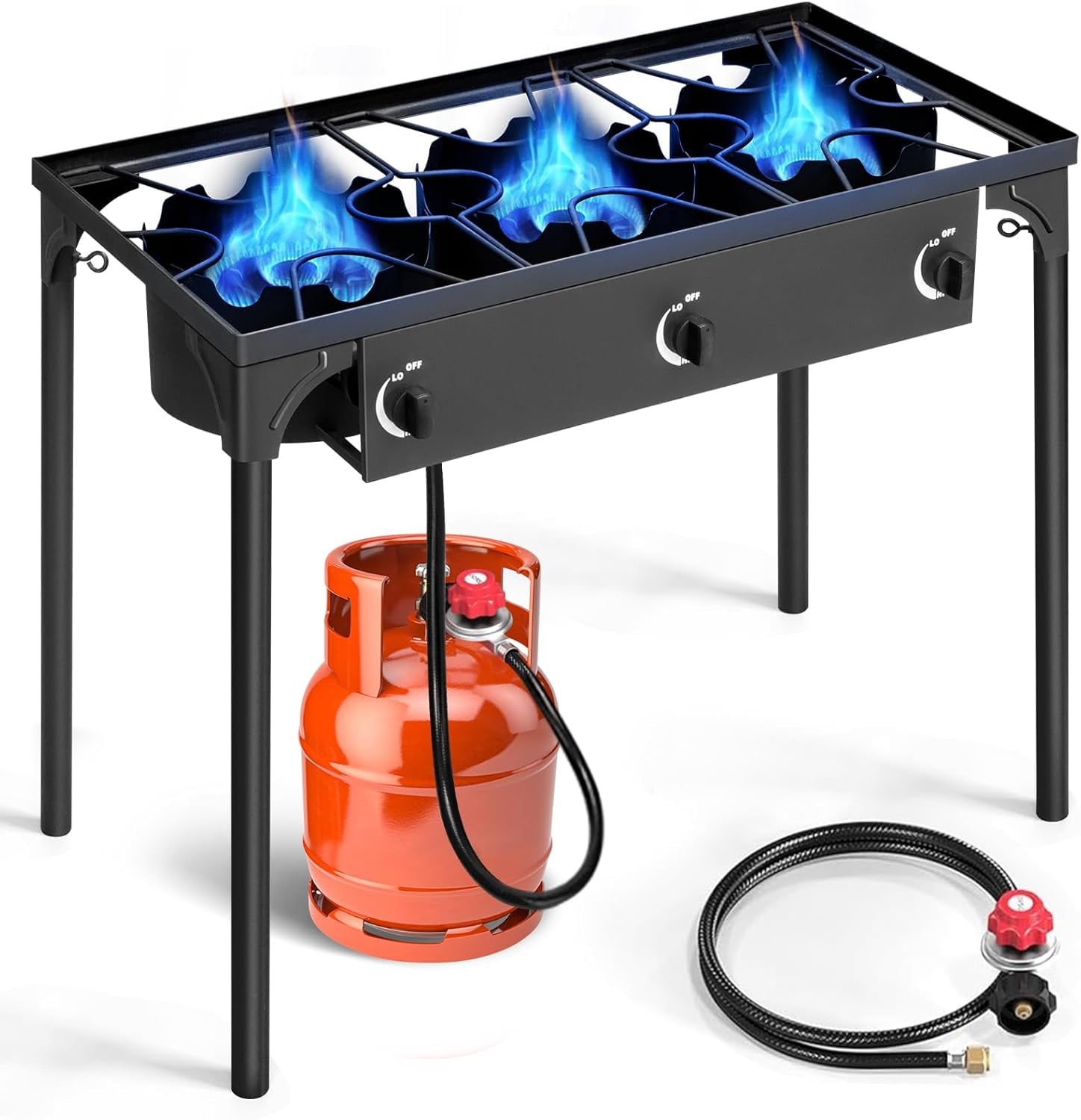 3 Burner Propane Gas Stove for Outdoor Cooking, 225,000 BTU Camping Cooker with Removable Legs, Temperature Control Knobs for Backyard Cooking, BBQ, Baking and Frying