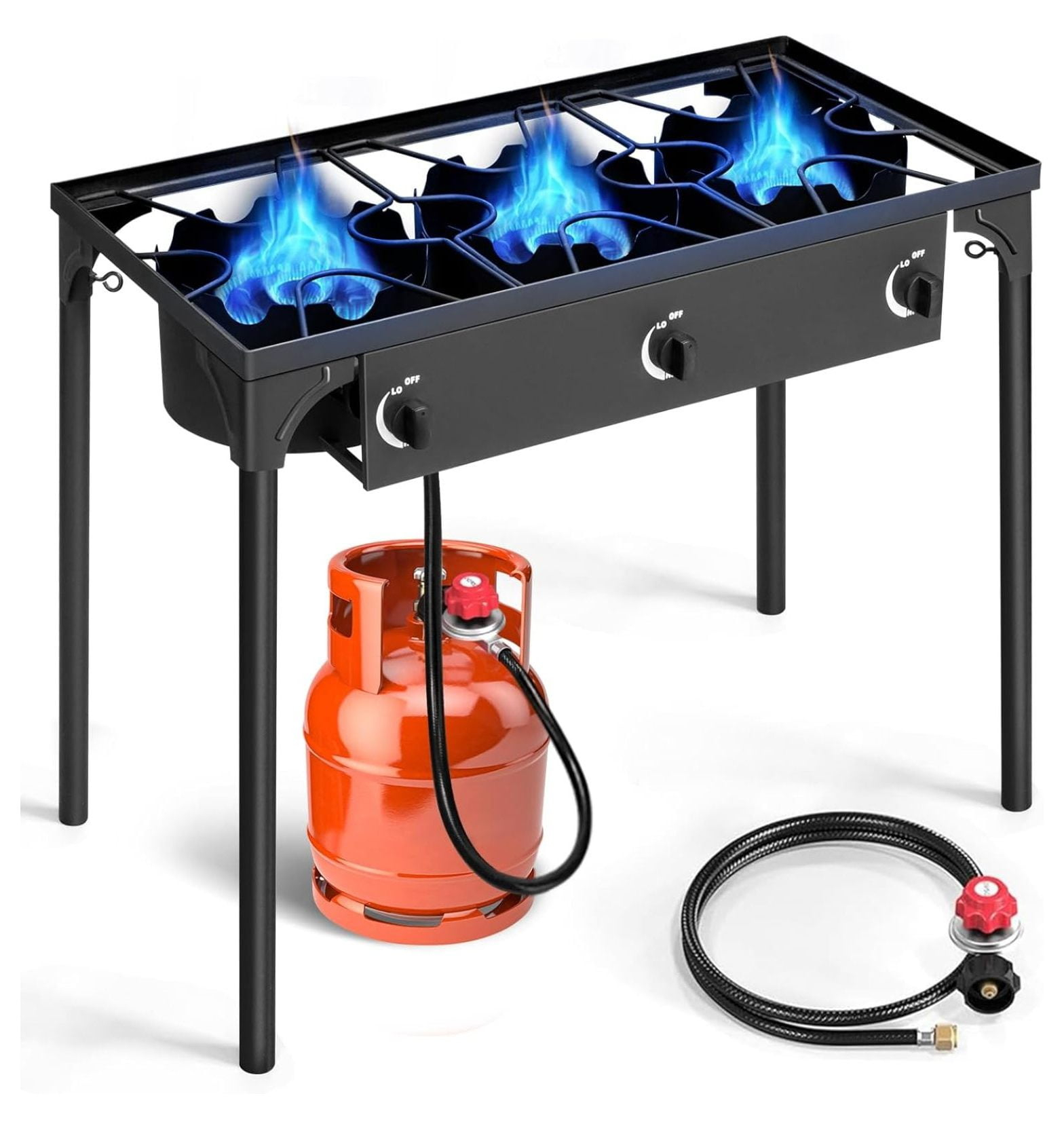 3 Burner Propane Gas Stove for Outdoor Cooking, 225,000 BTU Camping Cooker with Removable Legs, Temperature Control Knobs for Backyard Cooking, BBQ, Baking and Frying
