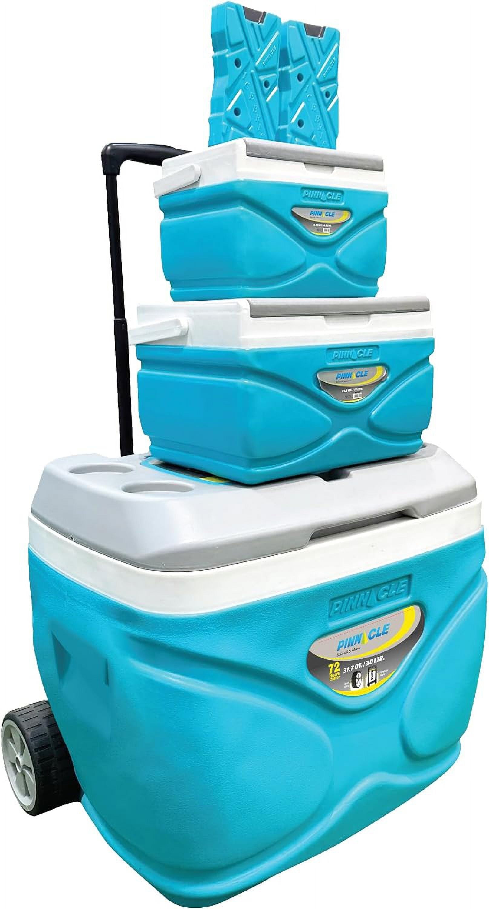 Pinnacle Cooler with Wheels – Practical Set of 30L Cooler with Wheels and Handle – Includes Smaller 11L and 4.5L Camping Coolers and 2 Ice Bricks – Cup Holder and Sitting Lid – Extended Cooling Time