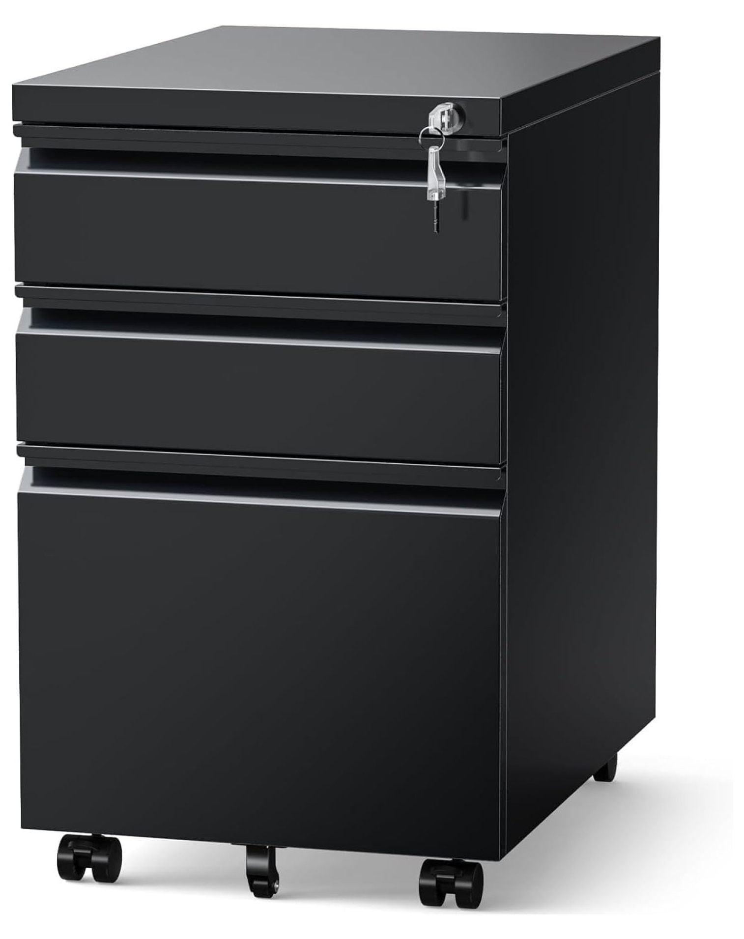 MIIIKO File Cabinet 3 Drawers on Wheels Under Desk, Black Metal Rolling File Cabinets with Lock for Home Office, Un-Assembled Filing Cabinet with Lock