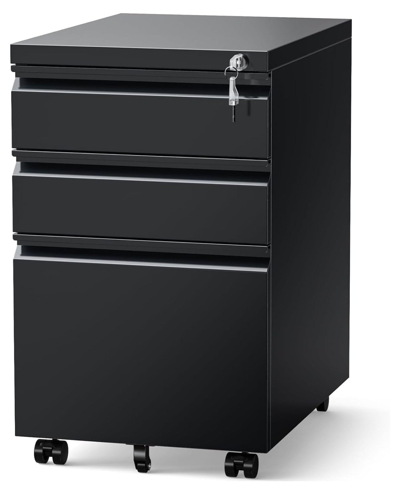 MIIIKO File Cabinet 3 Drawers on Wheels Under Desk, Black Metal Rolling File Cabinets with Lock for Home Office, Un-Assembled Filing Cabinet with Lock