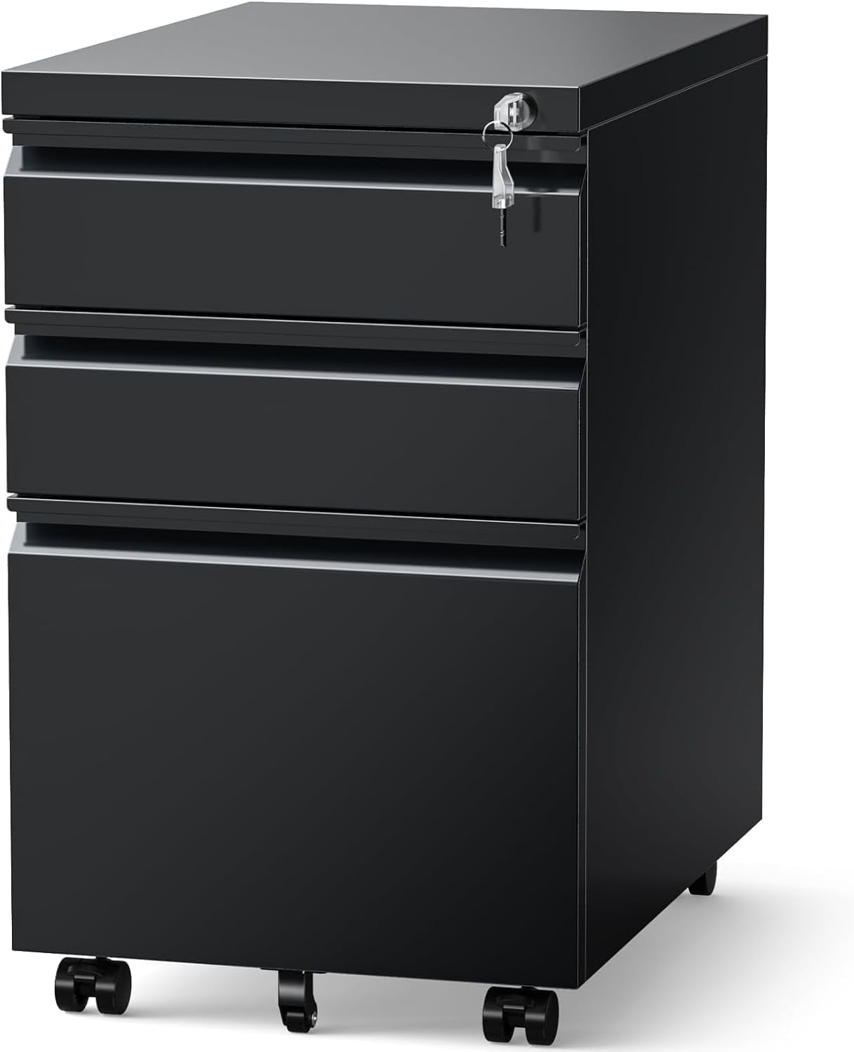 MIIIKO File Cabinet 3 Drawers on Wheels Under Desk, Black Metal Rolling File Cabinets with Lock for Home Office, Un-Assembled Filing Cabinet with Lock