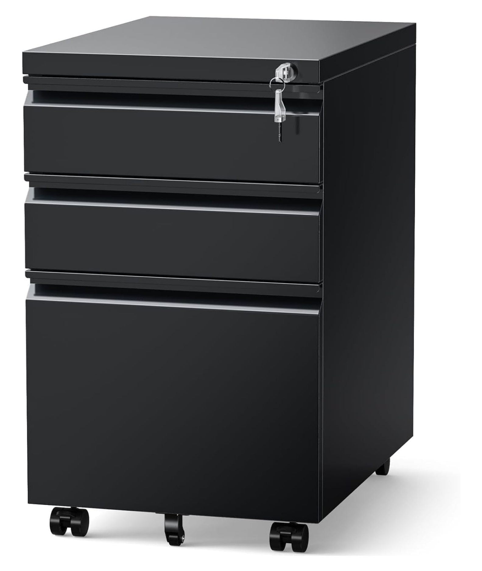 MIIIKO File Cabinet 3 Drawers on Wheels Under Desk, Black Metal Rolling File Cabinets with Lock for Home Office, Un-Assembled Filing Cabinet with Lock