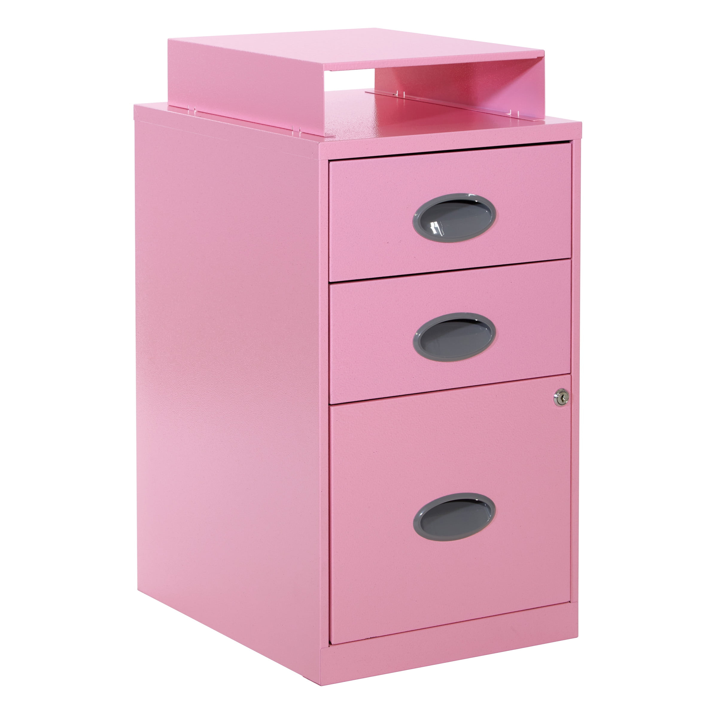 OSP Home Furnishings 3-Drawer Lockable Metal File Cabinet, Pink