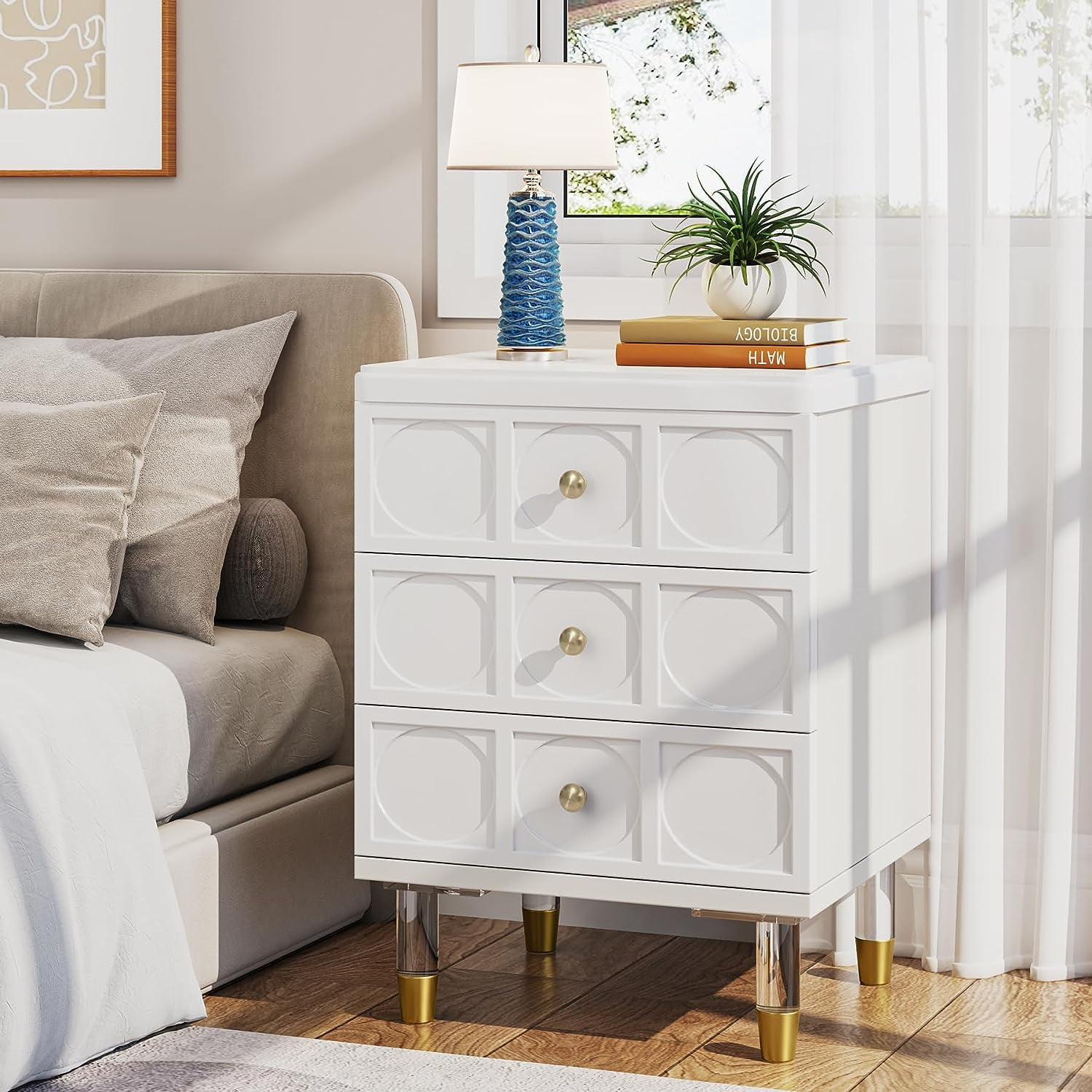 White Gold Nightstand Bedside Table with 3 Drawers White+Gold