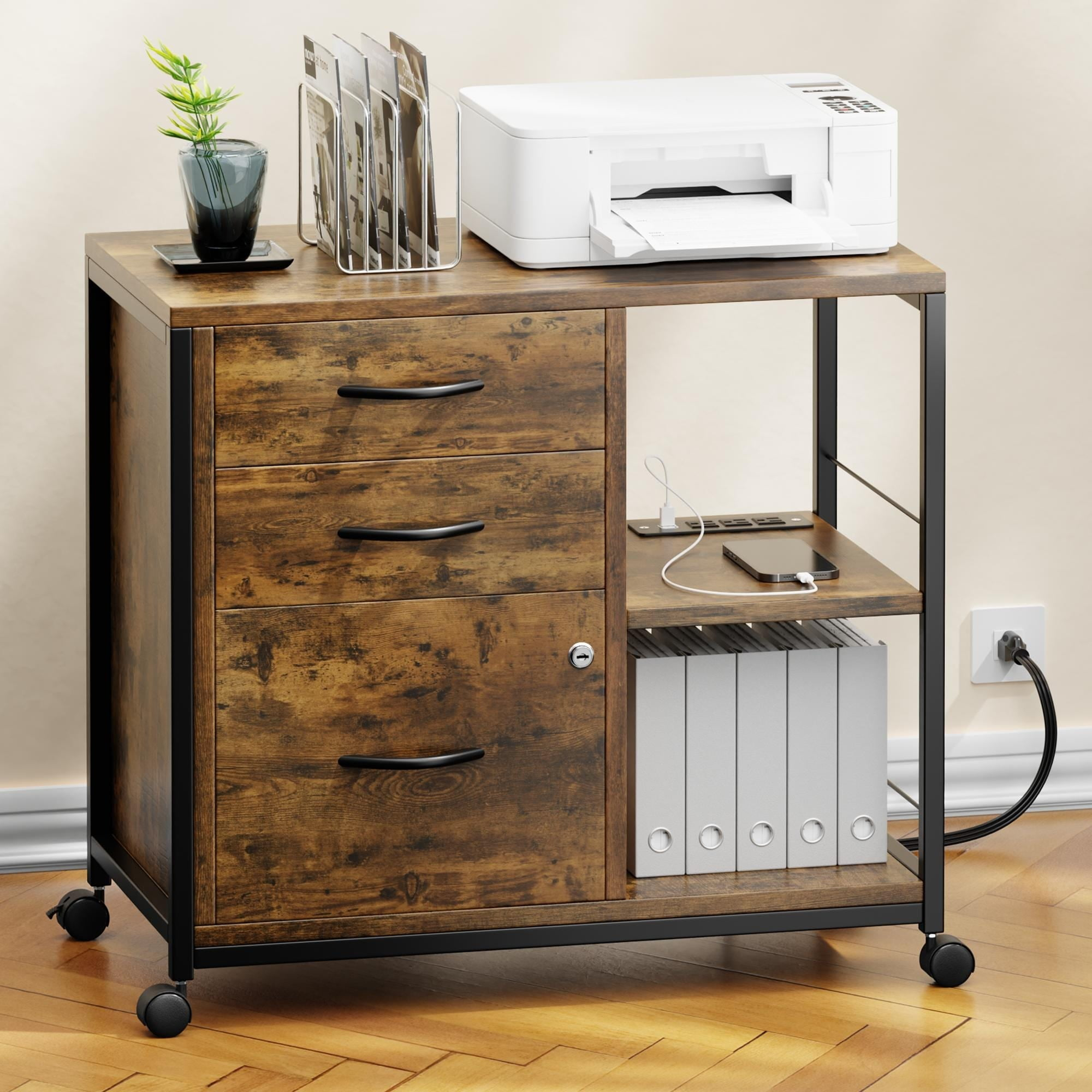 GIKPAL 3 Drawers File Cabinet with Printer Stand and USB Charging Ports, Wood Filing Cabinet with Locking for A4/Letter Size, for Home Office, Brown