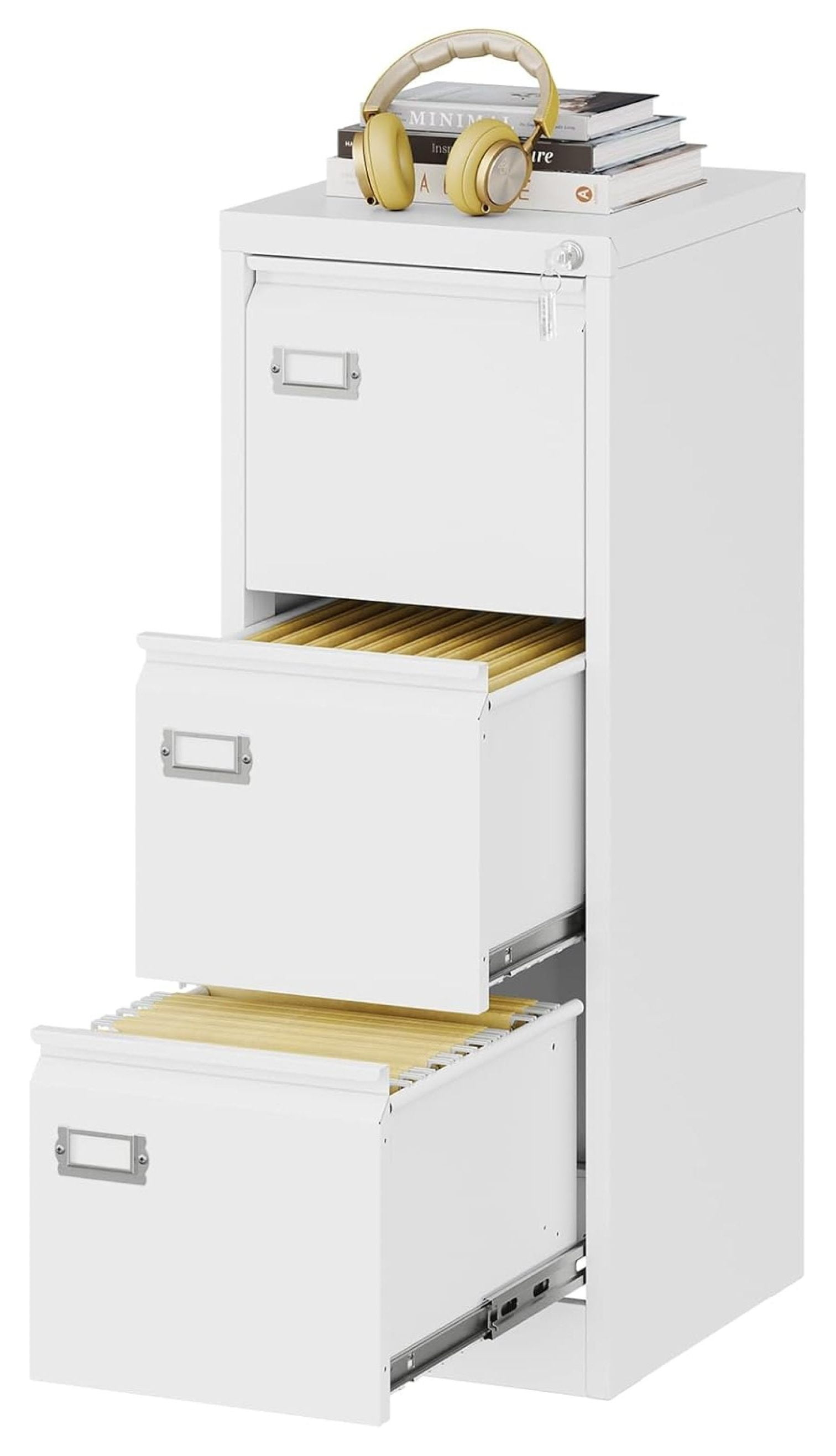 3 Drawers Vertical File Cabinets - 17.8" Deep Lockable Filing Cabinet - White Metal Storage Cabinets for Home Office to Hanging Files Letter/Legal/F4/A4 Size
