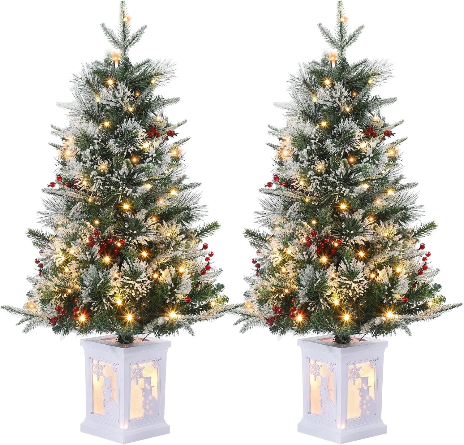 Accreate Pre-Lit 3FT Fiber Optic Christmas Tree with 78 LED Lights and Snowman Light Box – Set of 2