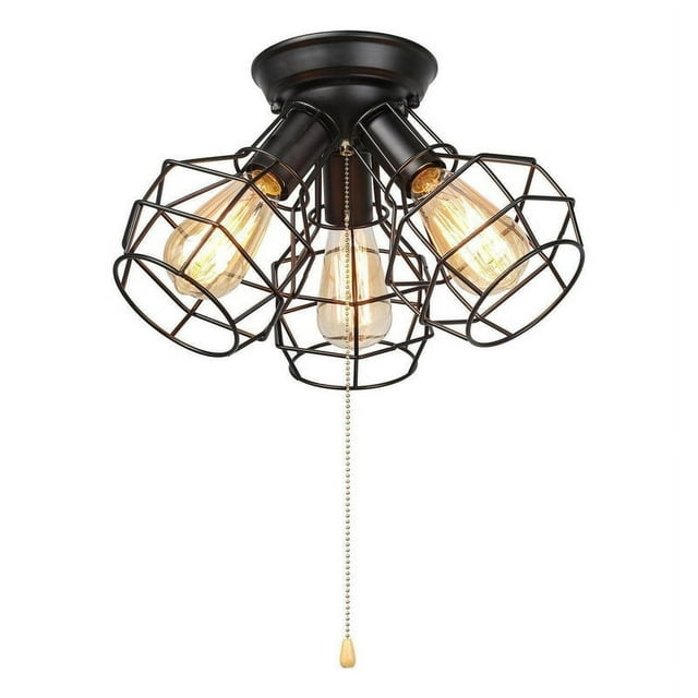 Industrial Flush Mount Ceiling Light, 15" Black 3-Light Fixture with Cage Shade & Pull Chain