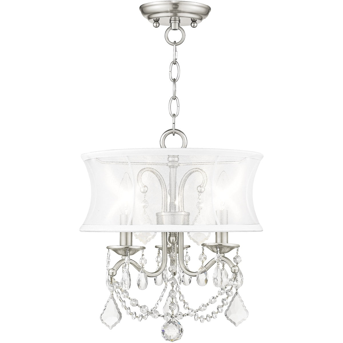 3 Light Brushed Nickel Mini Chandelier/Ceiling Light fixture with Off White Silk Shimmer Shade