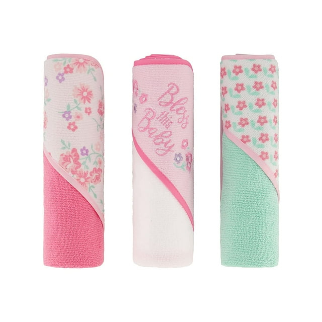 3 Pack Cudlie Baby Buttons & Stitches Hooded Bath Towels - Bless This Baby Print