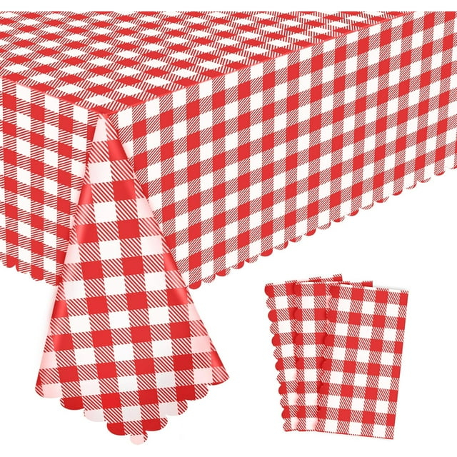 ARCOCO-3 Pack Red and White Checkered Tablecloth, 54 X 108Inch Plastic Red Gingham Table Cloth Disposable Spring Picnic Tablecloths Waterproof Red Checkered Table Cover for BBQ Picnic Barbecue Birthd