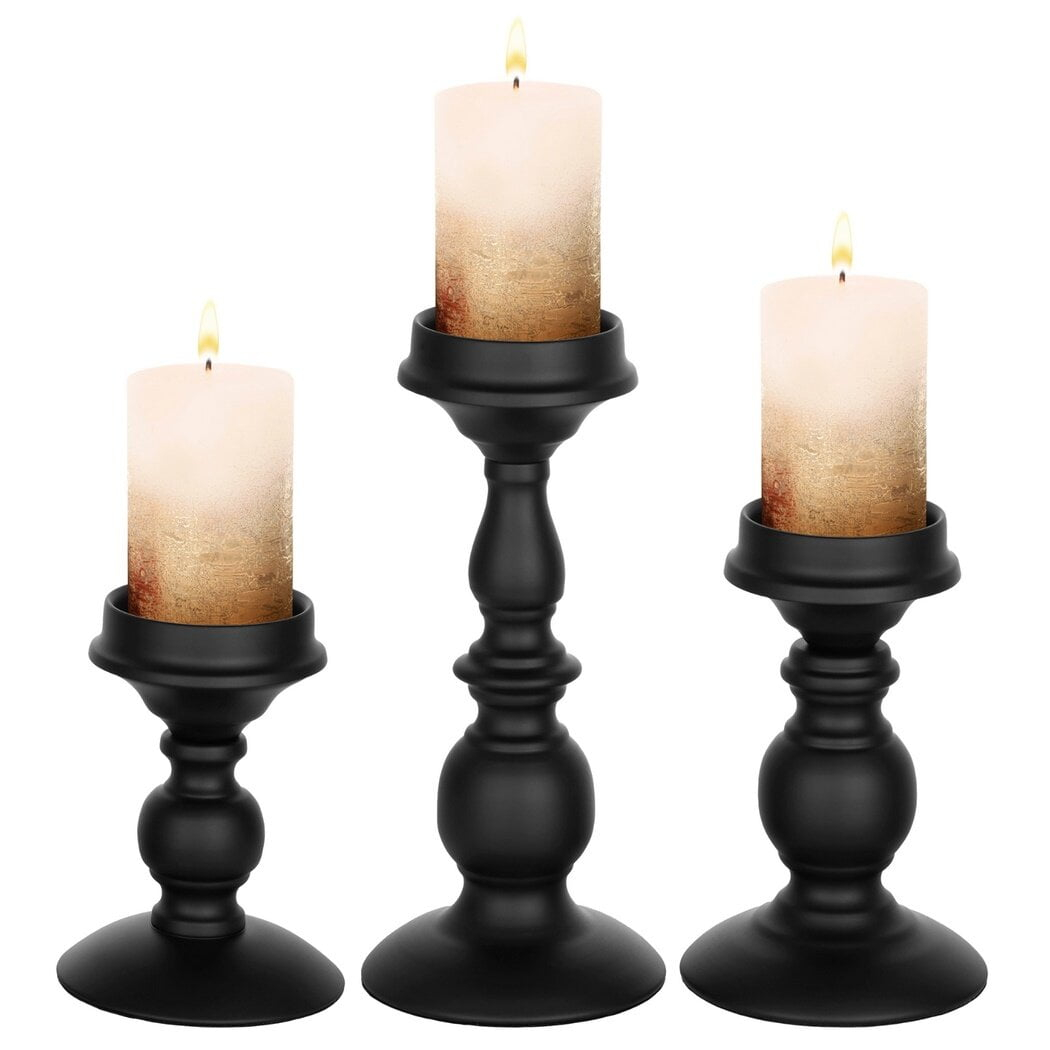 3 Pcs Black Metal Pillar Candle Holder, Iron Candle Stands, 5.3/6.8/9.1 Inches Tall Pillar Candle Holder Set,Scented Candle Stands, Retro Table Centerpiece Decor for Fireplace