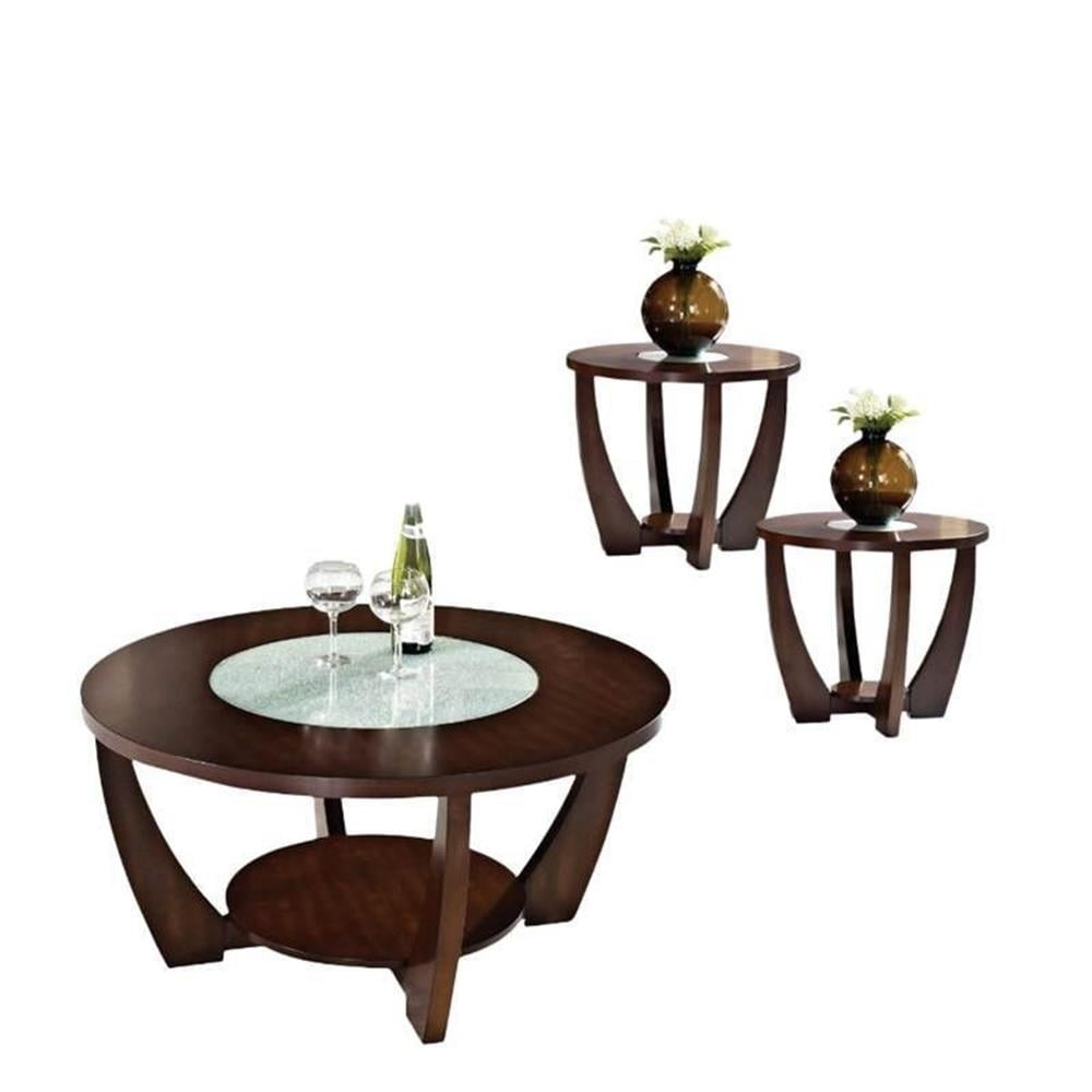 3 Piece Abstract Coffee Table Set with Coffee Table and Set of 2 End Table in Cherry