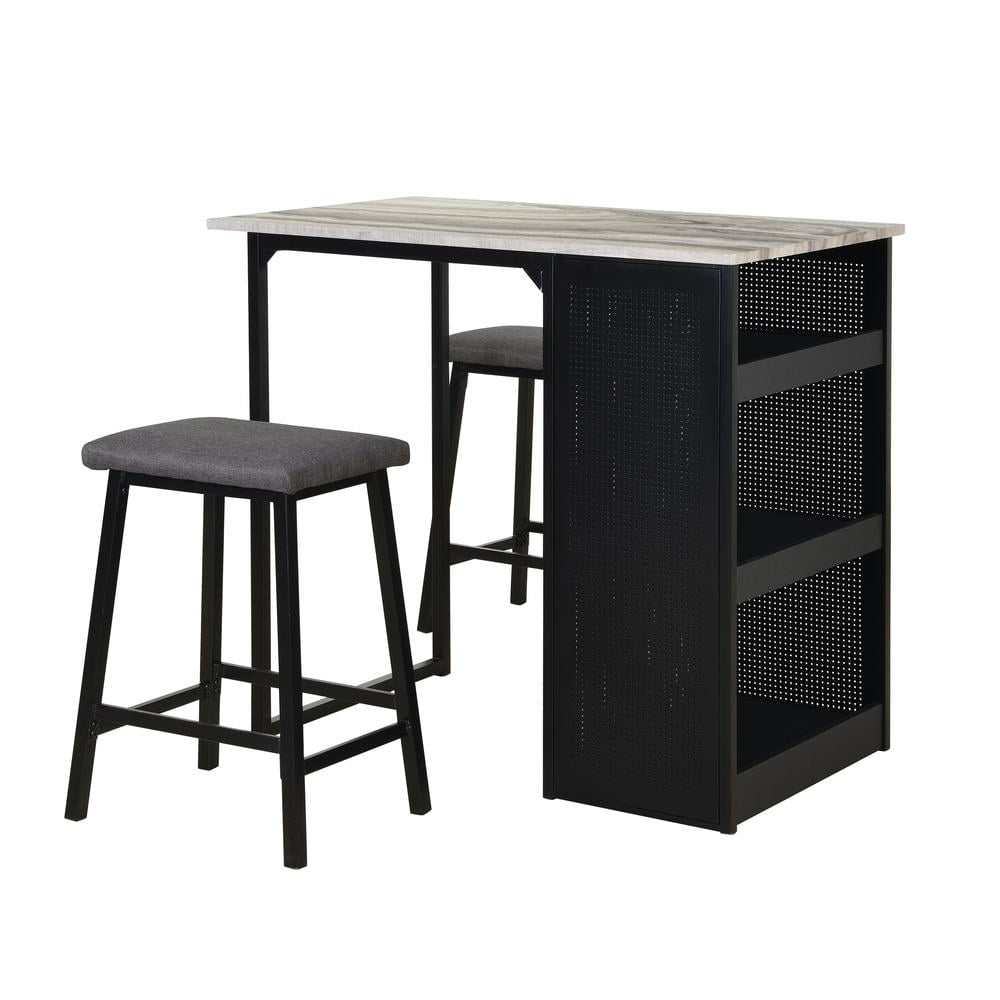 3 Piece Counter Height Faux Marble Dinette Set with Black Iron Metal Frame