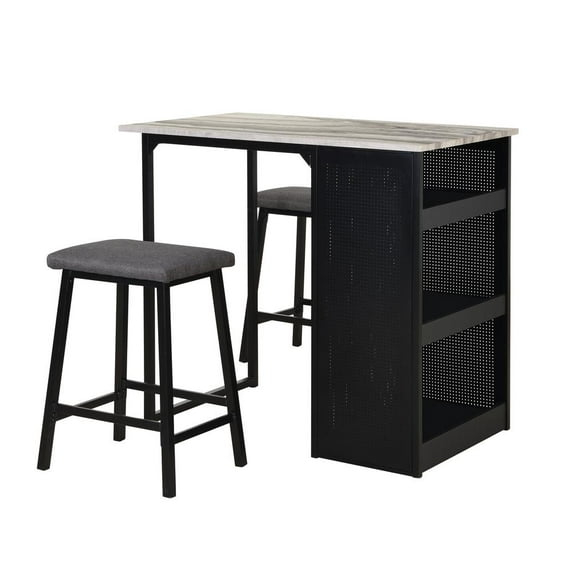 3 Piece Counter Height Faux Marble Dinette Set with Black Iron Metal Frame