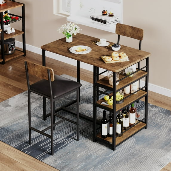 3-Piece Dining Table Set for 2 with Upholstered Bar Chairs, Kitchen Bar Table Set with 3 Storage Shelves, Space-Saving Furniture for Small Spaces, Apartment, Studio, Breakfast Nook